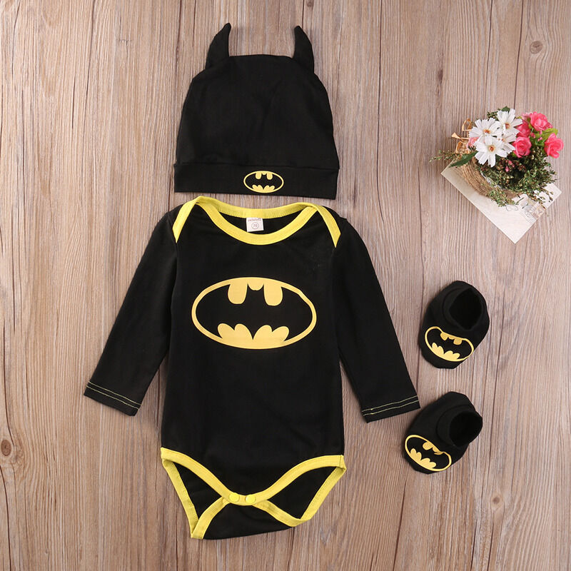 Pudcoco Fashion Boy Jumpsuits Newborn Baby Boy Girl Clothes Batman Rompers+Shoes+Hat Costumes 3Pcs Outfits Set