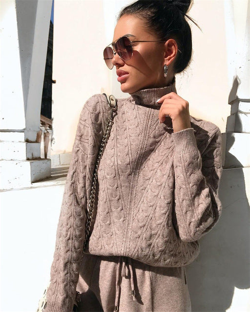 Turtleneck Pullover Sweatshirts Knit Pants Suit Two Piece Sets Women Autumn Winter Warm Knitted Tracksuit Sporting Suit Female