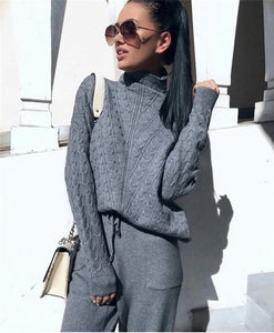 Turtleneck Pullover Sweatshirts Knit Pants Suit Two Piece Sets Women Autumn Winter Warm Knitted Tracksuit Sporting Suit Female