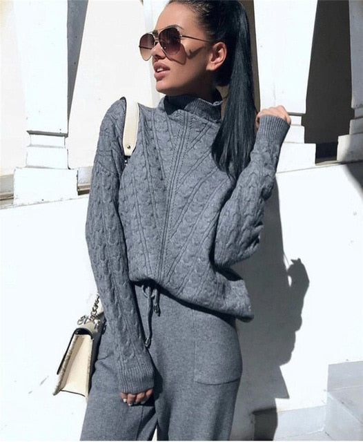 Turtleneck Pullover Sweatshirts Knit Pants Suit Two Piece Sets Women Autumn Winter Warm Knitted Tracksuit Sporting Suit Female