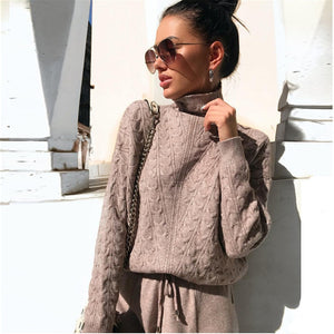 Turtleneck Pullover Sweatshirts Knit Pants Suit Two Piece Sets Women Autumn Winter Warm Knitted Tracksuit Sporting Suit Female