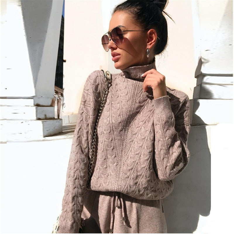 Turtleneck Pullover Sweatshirts Knit Pants Suit Two Piece Sets Women Autumn Winter Warm Knitted Tracksuit Sporting Suit Female