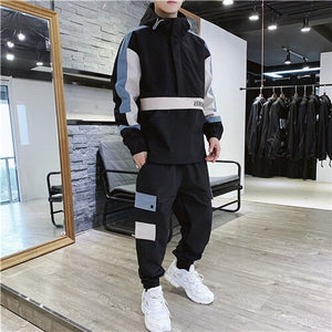 Fashion 2 Pieces Sets Mens Fashion Cargo Pullover Tracksuit With Pockets Military Jackets And Loose Fit Elastic Waist Pants Hip