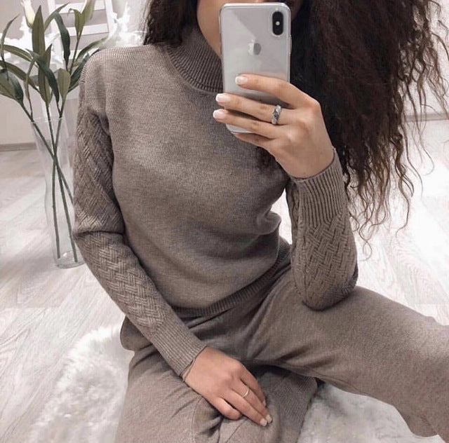 Turtleneck Pullover Sweatshirts Knit Pants Suit Two Piece Sets Women Autumn Winter Warm Knitted Tracksuit Sporting Suit Female