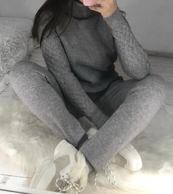 Turtleneck Pullover Sweatshirts Knit Pants Suit Two Piece Sets Women Autumn Winter Warm Knitted Tracksuit Sporting Suit Female