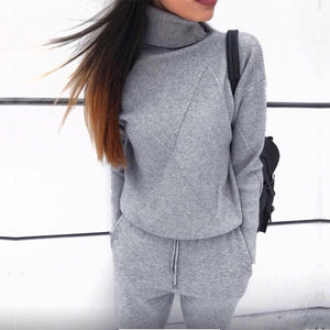 Turtleneck Pullover Sweatshirts Knit Pants Suit Two Piece Sets Women Autumn Winter Warm Knitted Tracksuit Sporting Suit Female
