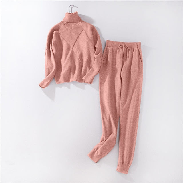 Turtleneck Pullover Sweatshirts Knit Pants Suit Two Piece Sets Women Autumn Winter Warm Knitted Tracksuit Sporting Suit Female