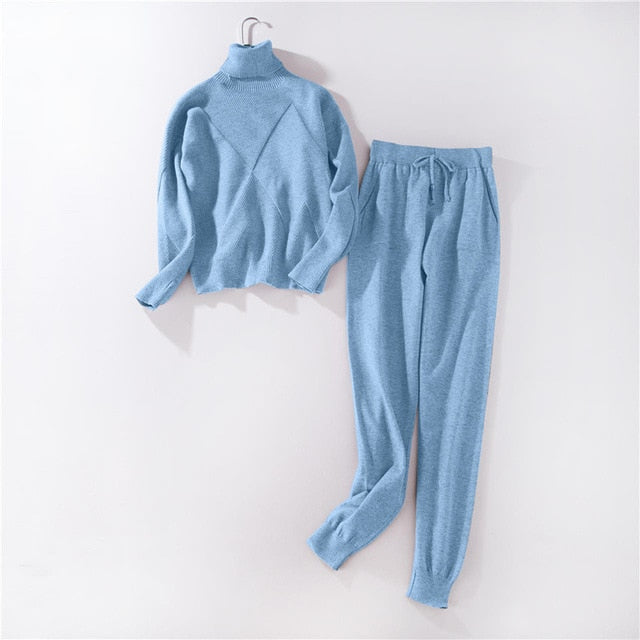 Turtleneck Pullover Sweatshirts Knit Pants Suit Two Piece Sets Women Autumn Winter Warm Knitted Tracksuit Sporting Suit Female
