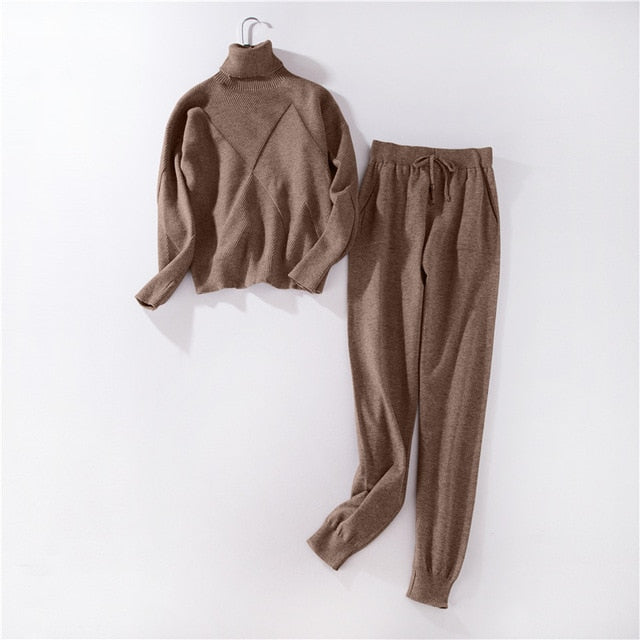 Turtleneck Pullover Sweatshirts Knit Pants Suit Two Piece Sets Women Autumn Winter Warm Knitted Tracksuit Sporting Suit Female