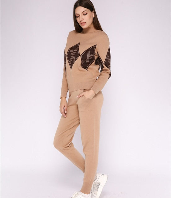 Turtleneck Pullover Sweatshirts Knit Pants Suit Two Piece Sets Women Autumn Winter Warm Knitted Tracksuit Sporting Suit Female
