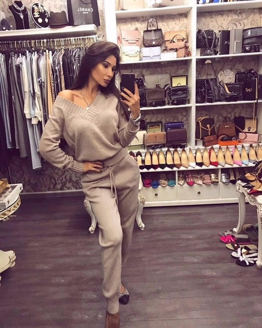 Turtleneck Pullover Sweatshirts Knit Pants Suit Two Piece Sets Women Autumn Winter Warm Knitted Tracksuit Sporting Suit Female