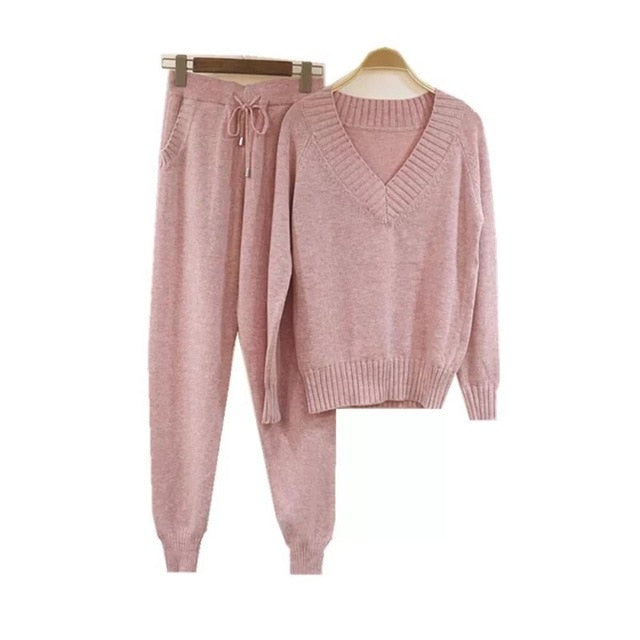 Turtleneck Pullover Sweatshirts Knit Pants Suit Two Piece Sets Women Autumn Winter Warm Knitted Tracksuit Sporting Suit Female