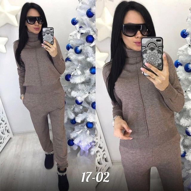 Turtleneck Pullover Sweatshirts Knit Pants Suit Two Piece Sets Women Autumn Winter Warm Knitted Tracksuit Sporting Suit Female