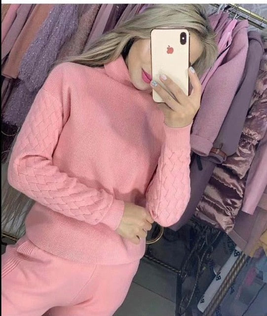 Turtleneck Pullover Sweatshirts Knit Pants Suit Two Piece Sets Women Autumn Winter Warm Knitted Tracksuit Sporting Suit Female