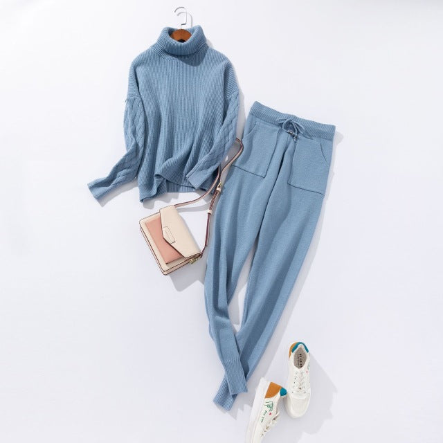 Turtleneck Pullover Sweatshirts Knit Pants Suit Two Piece Sets Women Autumn Winter Warm Knitted Tracksuit Sporting Suit Female