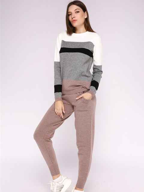 Turtleneck Pullover Sweatshirts Knit Pants Suit Two Piece Sets Women Autumn Winter Warm Knitted Tracksuit Sporting Suit Female