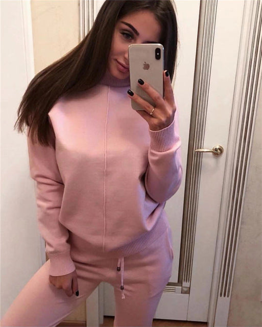 Turtleneck Pullover Sweatshirts Knit Pants Suit Two Piece Sets Women Autumn Winter Warm Knitted Tracksuit Sporting Suit Female