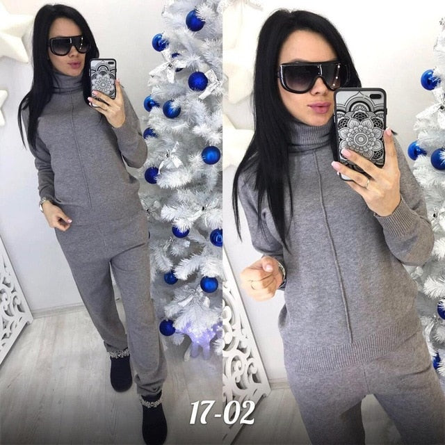 Turtleneck Pullover Sweatshirts Knit Pants Suit Two Piece Sets Women Autumn Winter Warm Knitted Tracksuit Sporting Suit Female