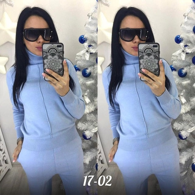 Turtleneck Pullover Sweatshirts Knit Pants Suit Two Piece Sets Women Autumn Winter Warm Knitted Tracksuit Sporting Suit Female