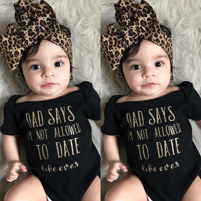 Trendy Kids Baby Girls Clothes off shoulder summer letter print short sleeve Bodysuit Leopard Headband 2pc cotton casual set