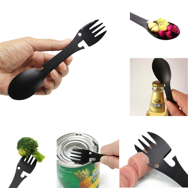 5 in 1 Outdoor Multi Function Stainless Steel Spork Travel Camping Hiking Picnic Utensils Combo Knife Fork Spoon Picnic Gadget